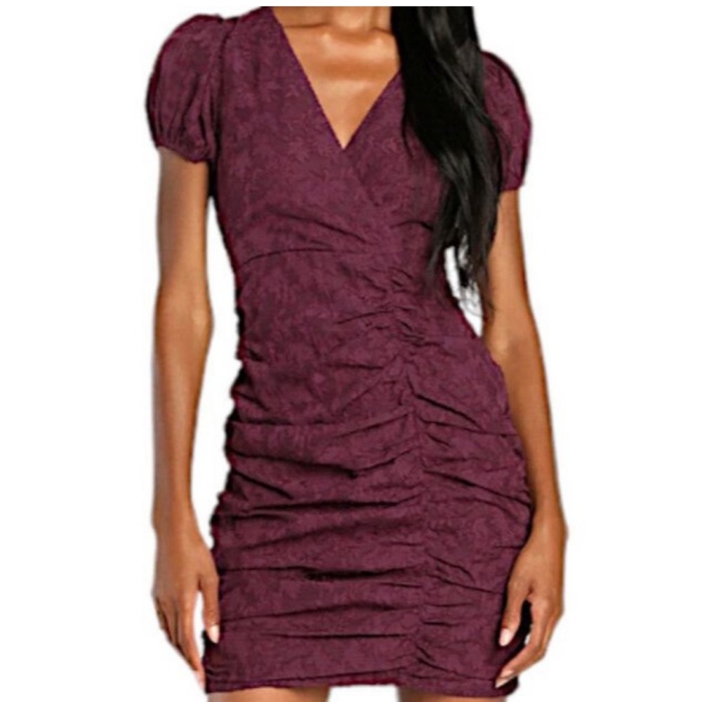Lulus Plum Purple Burnout Floral Ruched Short Sleeve Mini Dress NWT